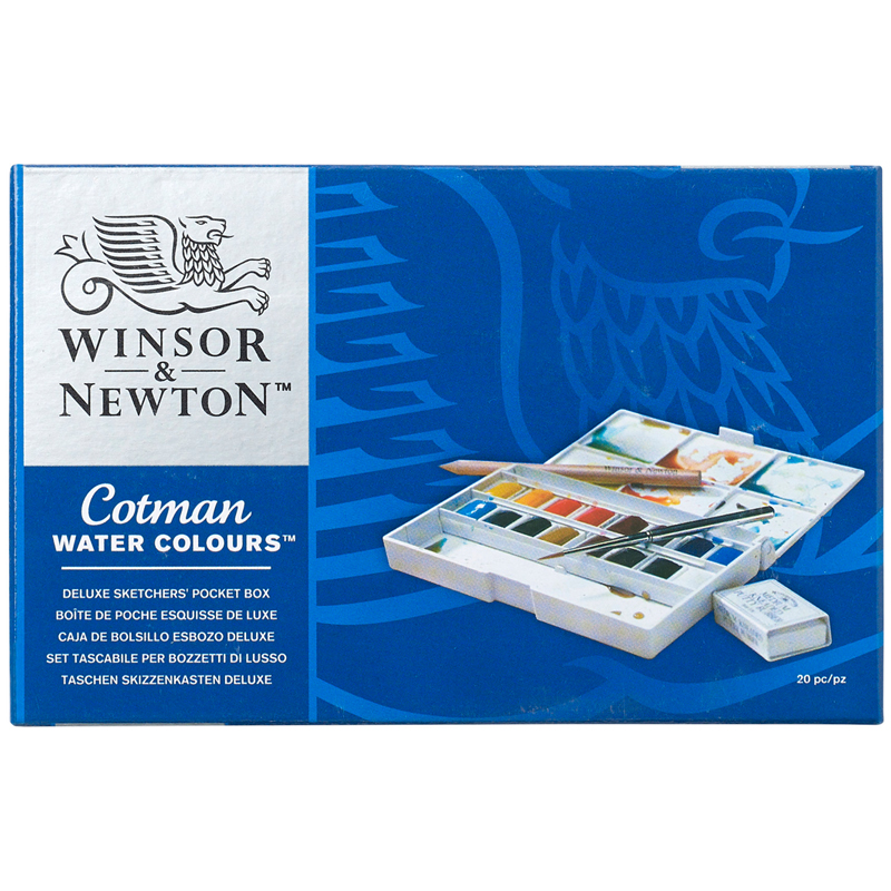 Акварель художественная Winsor&Newton "Cotman" для эскизов Делюкс, 16цв, малая кювета, кисть, клячка, карандаш, пласт. коробка