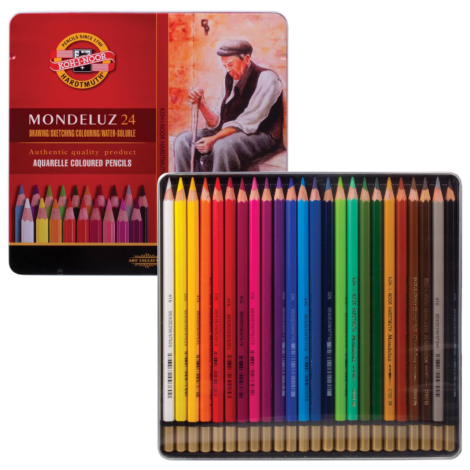 KOH-I-NOOR 3724  Набор высококачественных акварельных цветных карандашей "Mondeluz", 24 цвета, в жестяной  упаковке
