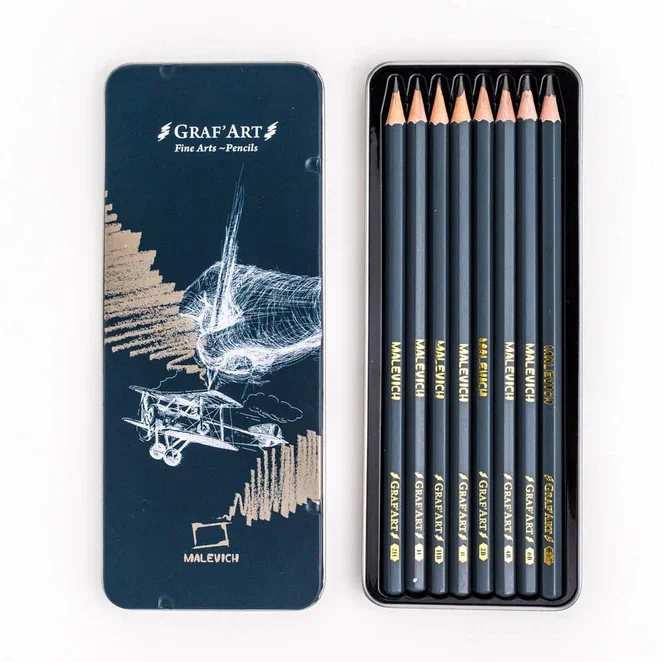 Набор чернографитных карандашей Малевичъ Graf'Art, металлическая коробка, 8 шт