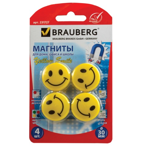 Магниты BRAUBERG диаметром 30 мм "СМАЙЛИКИ", 4 шт