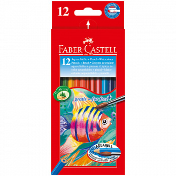 Акварельные карандаши Faber Castell COLOUR PENCILS с кисточкой, набор цветов, в картонной коробке, 12 шт.
