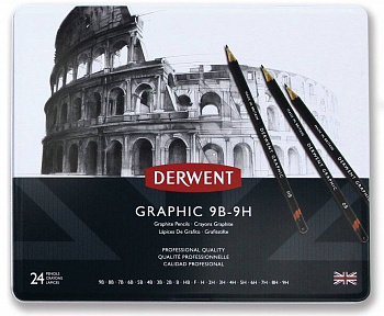 Набор графитных карандашей Derwent Graphic 24 шт 9Н - 9В в металлической коробке