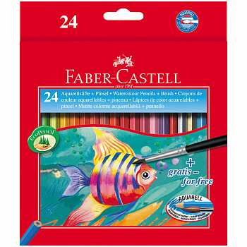 Акварельные карандаши Faber Castell  COLOUR PENCILS с кисточкой, набор цветов,  в картонной коробке, 24 шт.