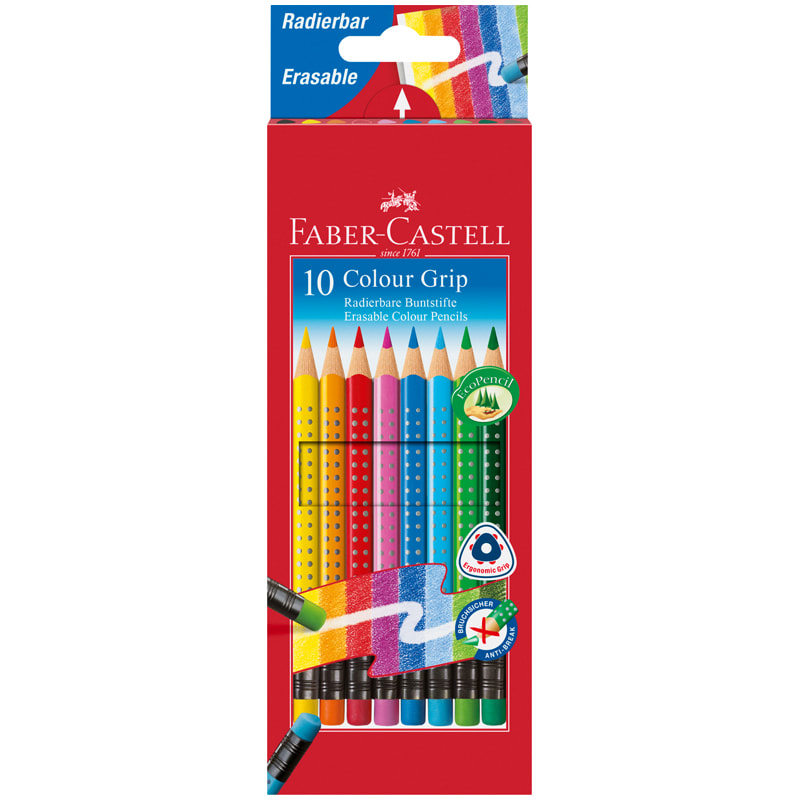 Цветные карандаши Faber Castell GRIP 2001 с ластиками, набор цветов, в картонной коробке, 10 шт.